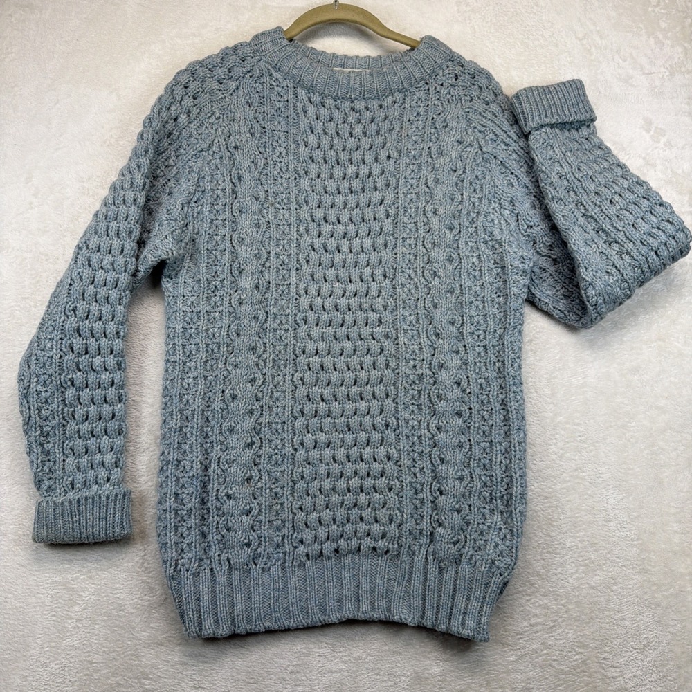 Irish Aran Fisherman Sweater Blue 100% Wool Cable Knit Handloomed Homes Donegal